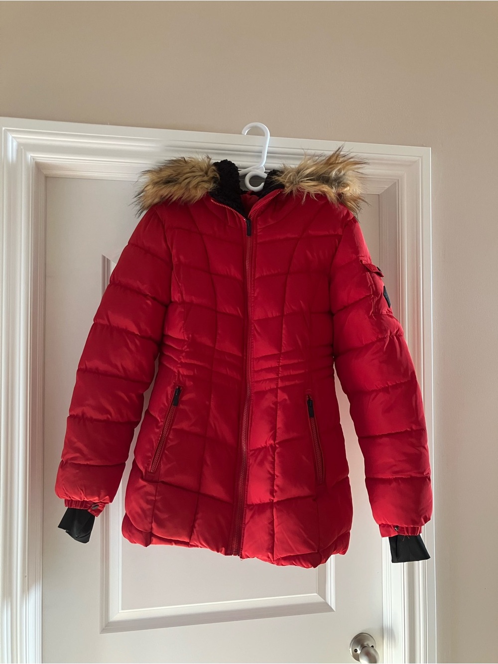 Steve Madden Red Quilted Puffer Jacket with Faux Fur Hood